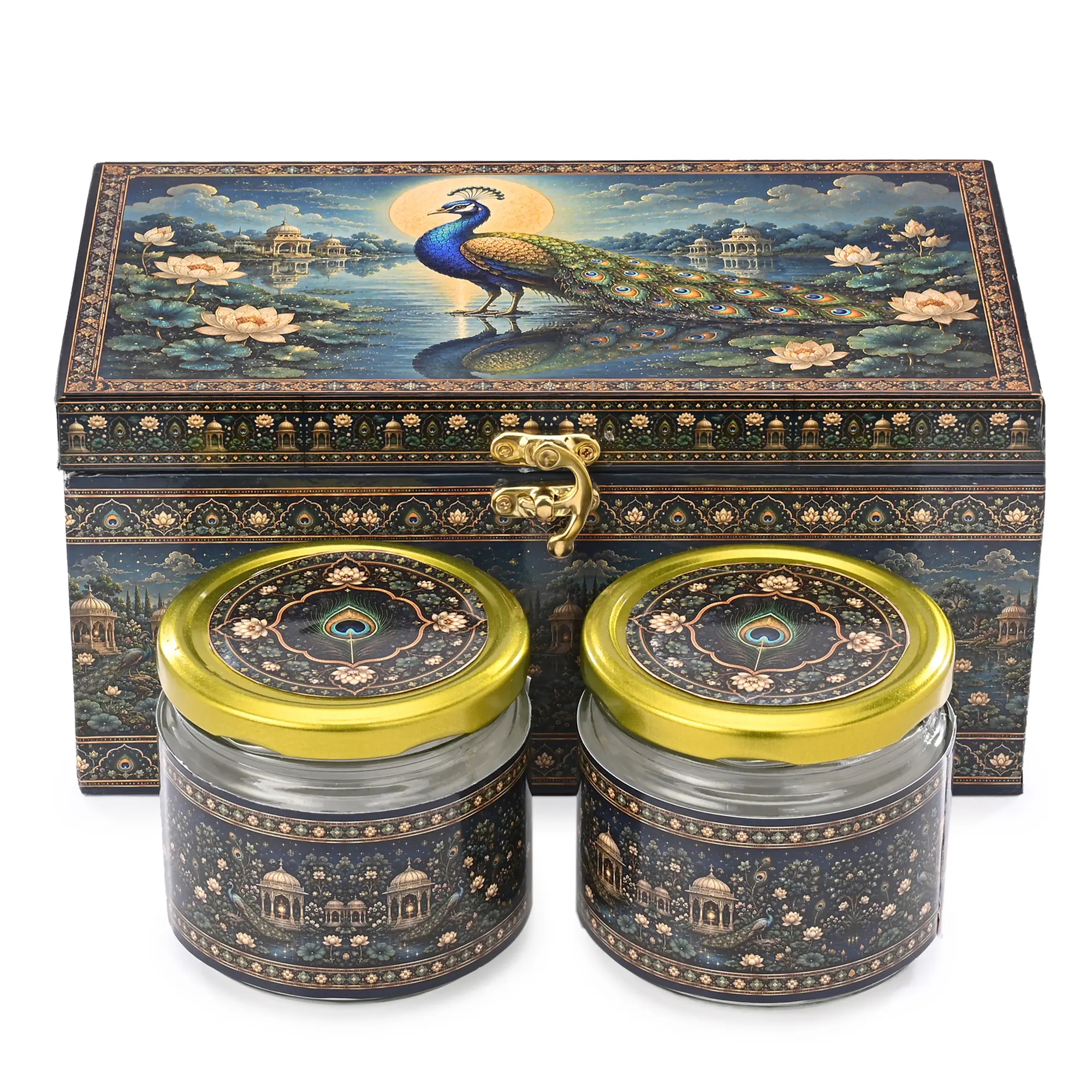 2 Jar Box - 2 Salsa Glass Jar of 350 ml each - Peacock Design 01 (Empty)