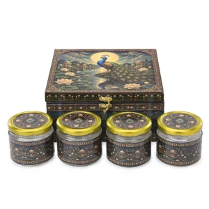 Jar Box - 4 Salsa Glass Jar of 350 ml each - Peacock Design 01 (Empty)