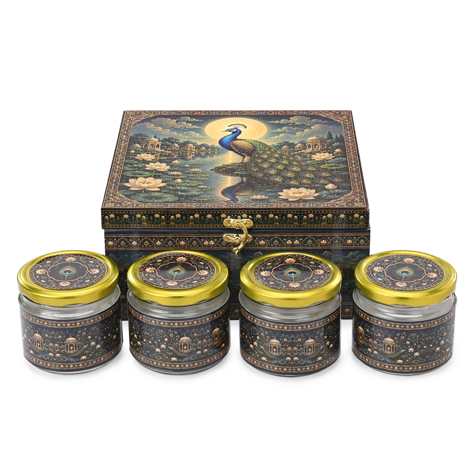 Jar Box - 4 Salsa Glass Jar of 350 ml each - Peacock Design 01 (Empty)