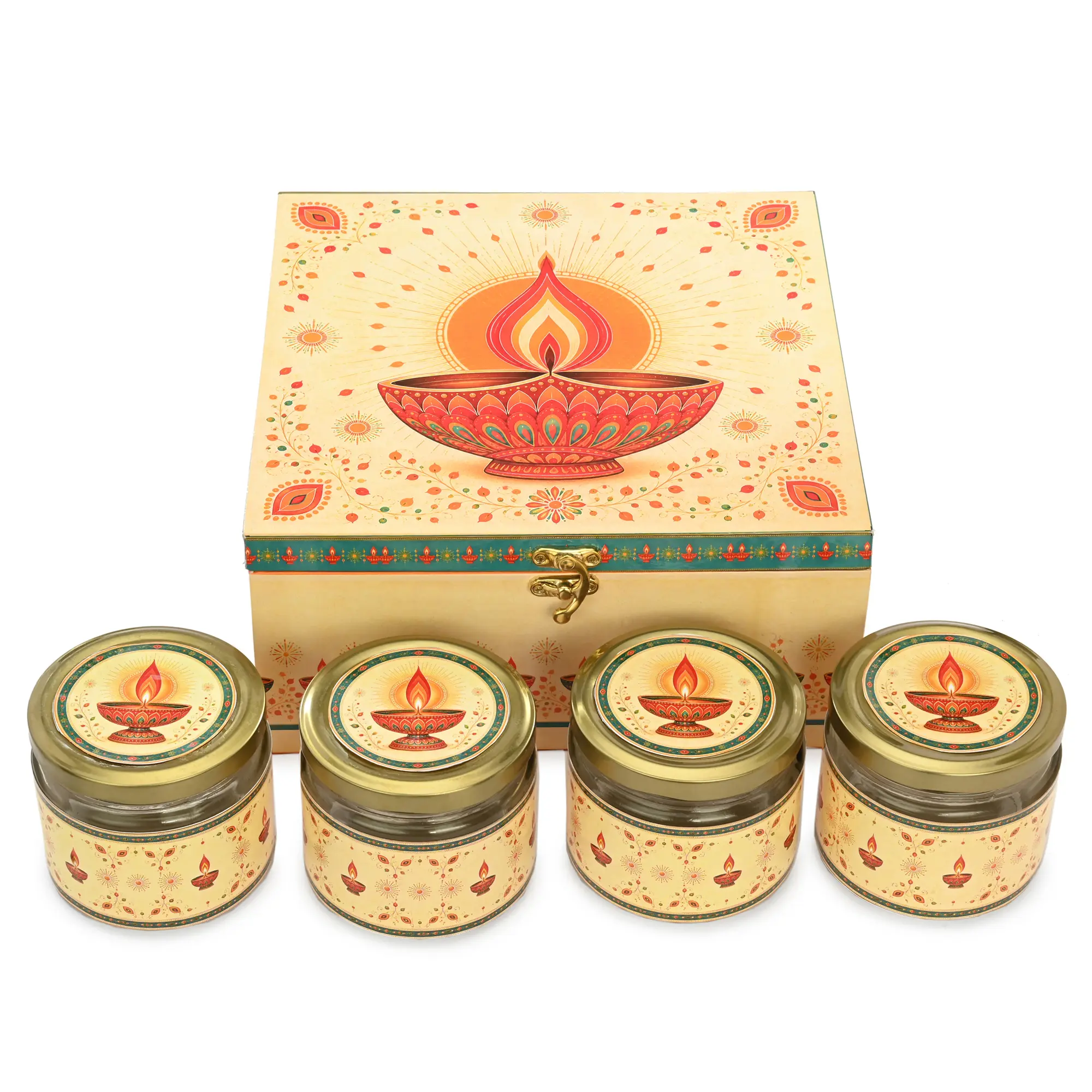 Jar Box – 4 Salsa Glass Jar of 350 ml each – Gloss Print – Deepak Design 01 – Set of 12 Boxes